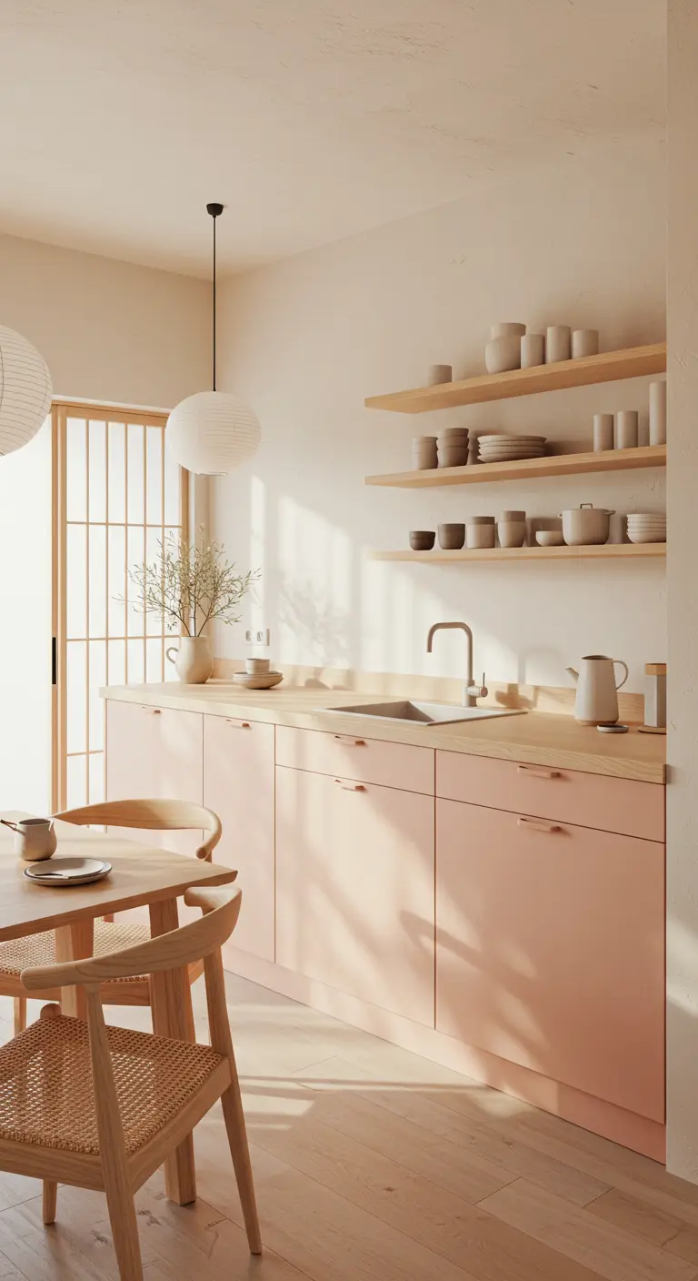 Minimalistische keuken met poederroze kasten, lichte houten meubels en Japandi invloeden.