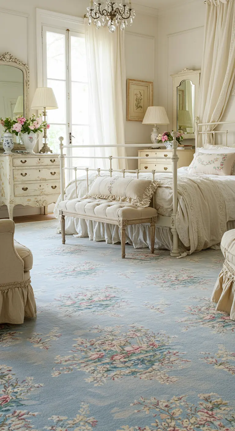 Lichte, romantische slaapkamer met een lichtblauw tapijt met rozenpatroon.