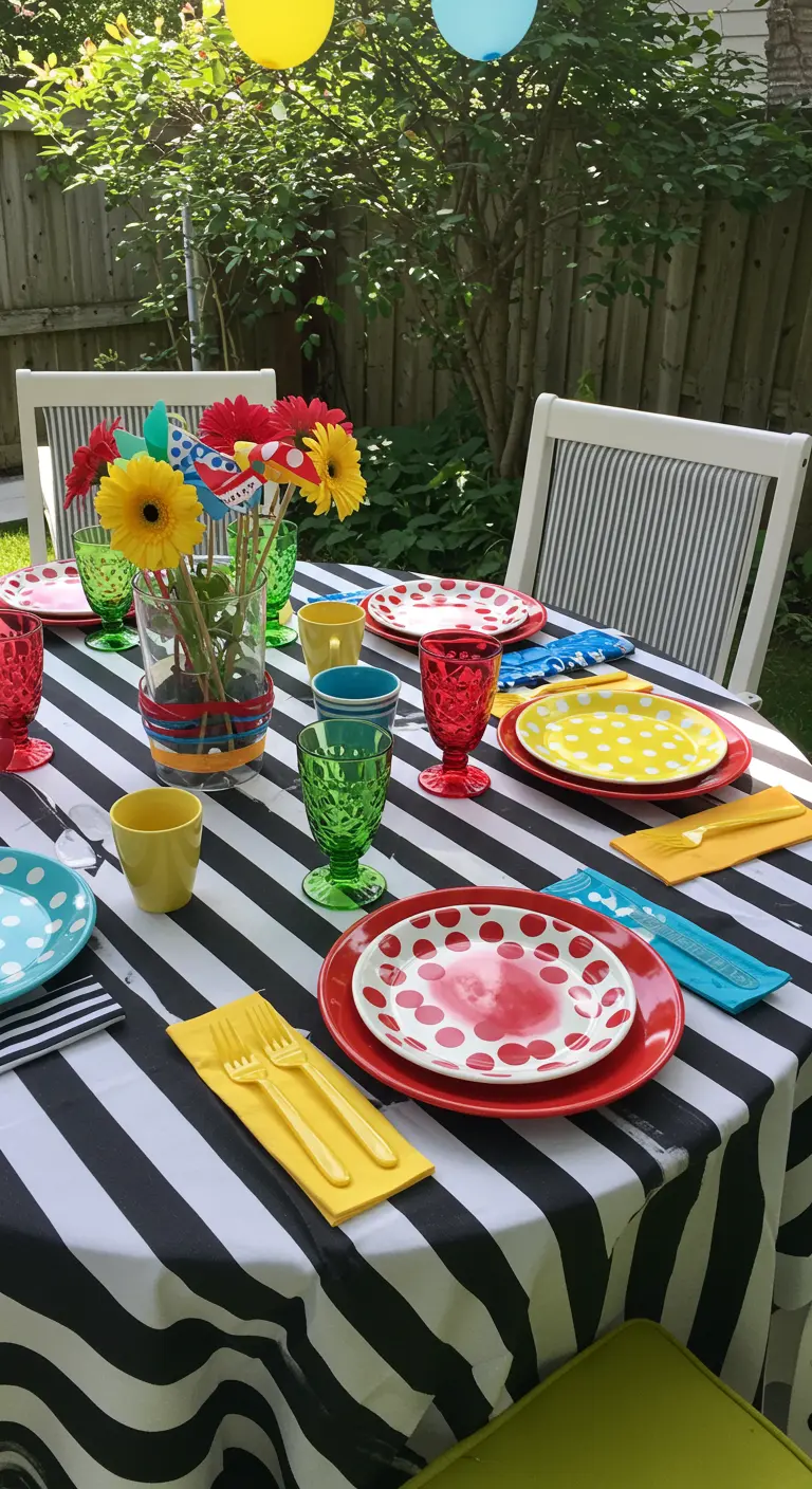 Vrolijk gedekte tafel met zwart-wit gestreept kleed, polkadot servies en kleurrijke bloemen.