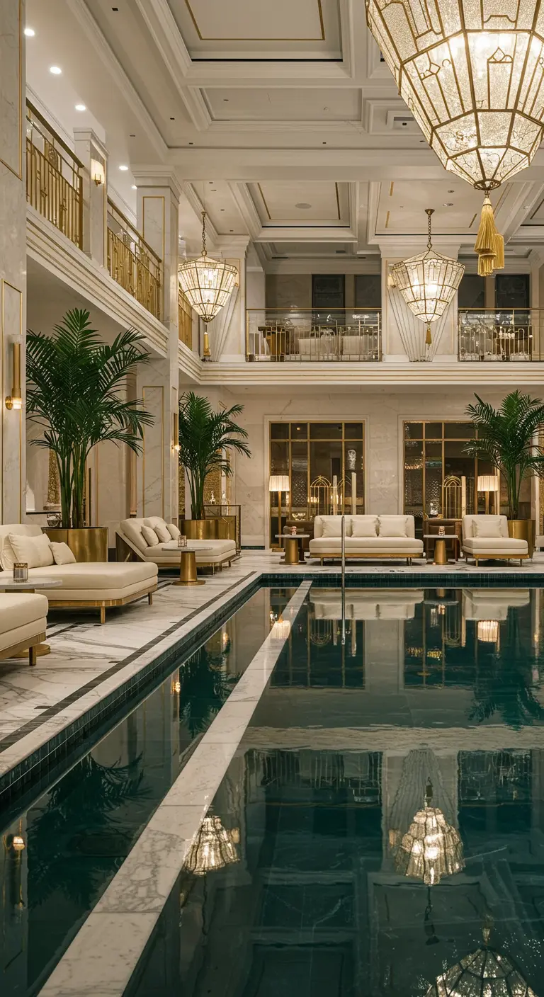 Luxe binnenbad met loungebedden, palmbomen en art-deco lampen.