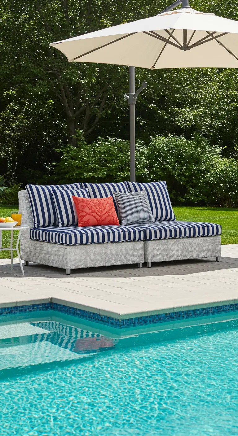 Witte loungebank bij zwembad met blauw-wit gestreepte kussens en parasol.