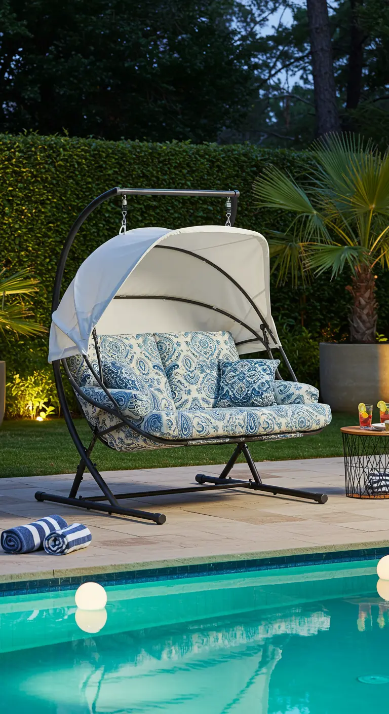 Duo hangstoel met zonnekap en blauw-witte paisley kussens bij een zwembad.