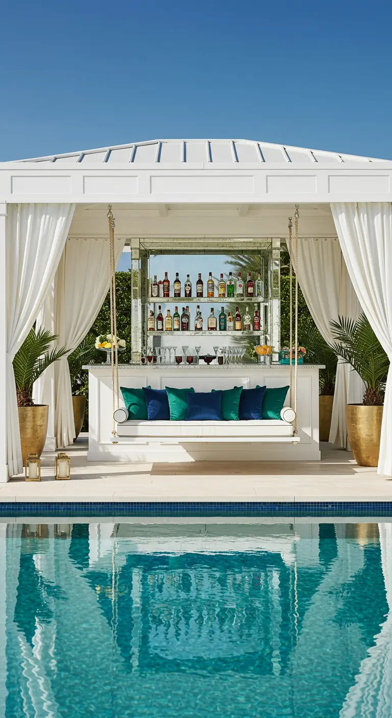 Luxe witte cabana bij zwembad met gespiegelde bar en witte schommelbank.