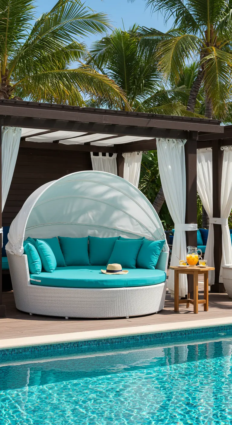 Groot wit rond daybed met turquoise kussens en een stoffen overkapping bij een helderblauw zwembad.