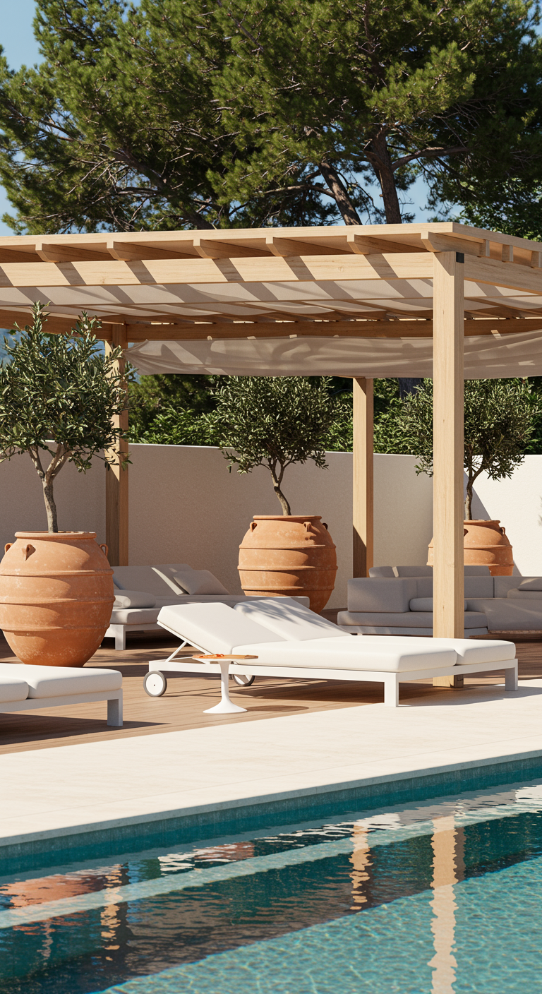 Houten pergola met wit schaduwdoek bij een zwembad, met ligbedden en olijfbomen in potten.
