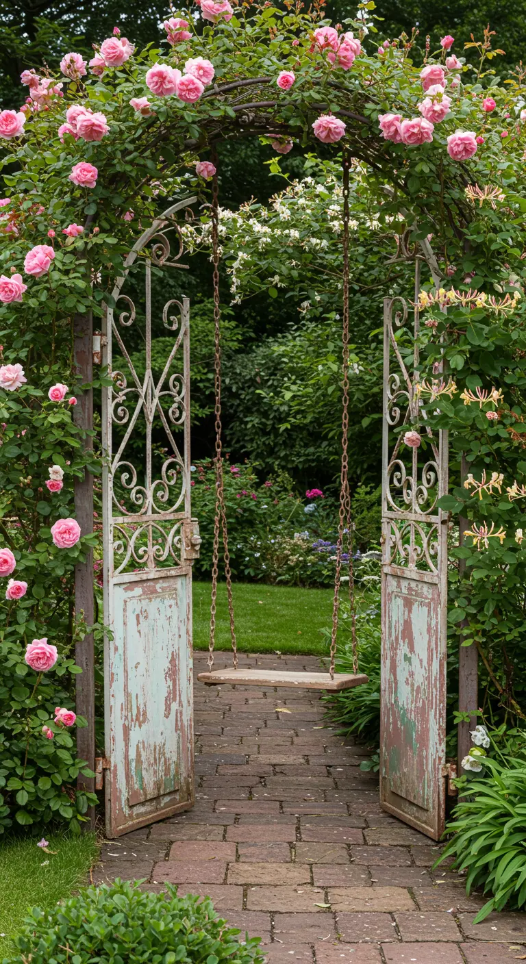 Houten plank schommel door verweerde metalen tuinpoort met klimrozen.