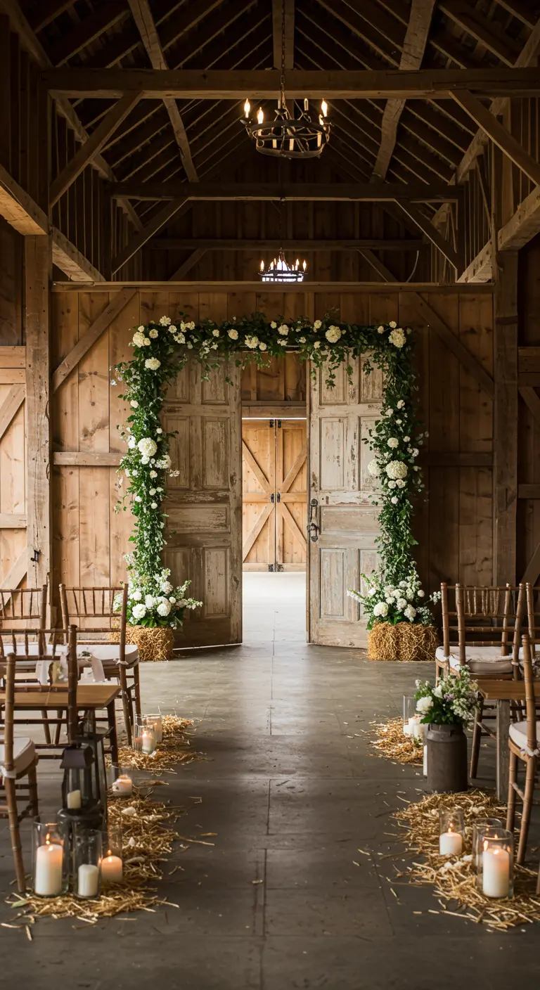 Oude houten deuren versierd met witte bloemen als ceremonie-achtergrond in een schuur.