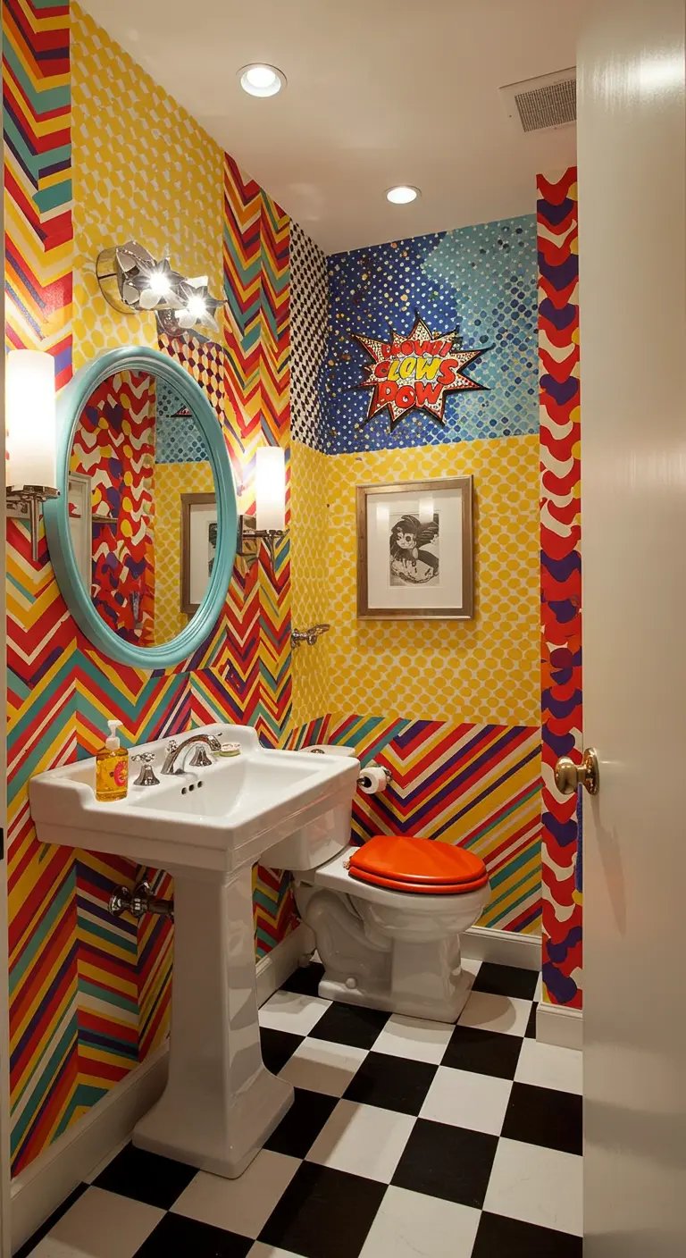 Pop Art badkamer met kleurrijk geometrisch behang en dambordvloer