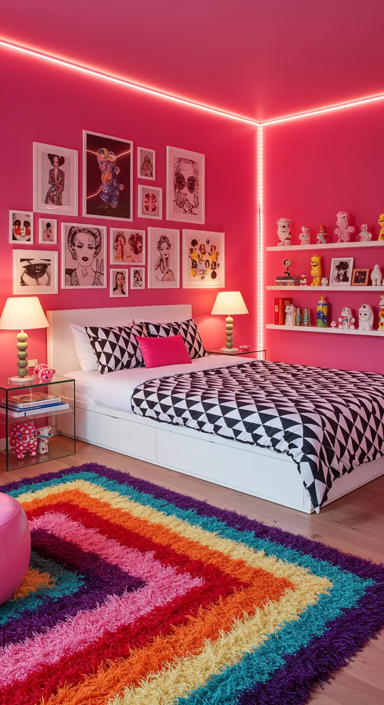 Felroze slaapkamer met regenboogvloerkleed, pop-art wanddecoratie en LED-verlichting.
