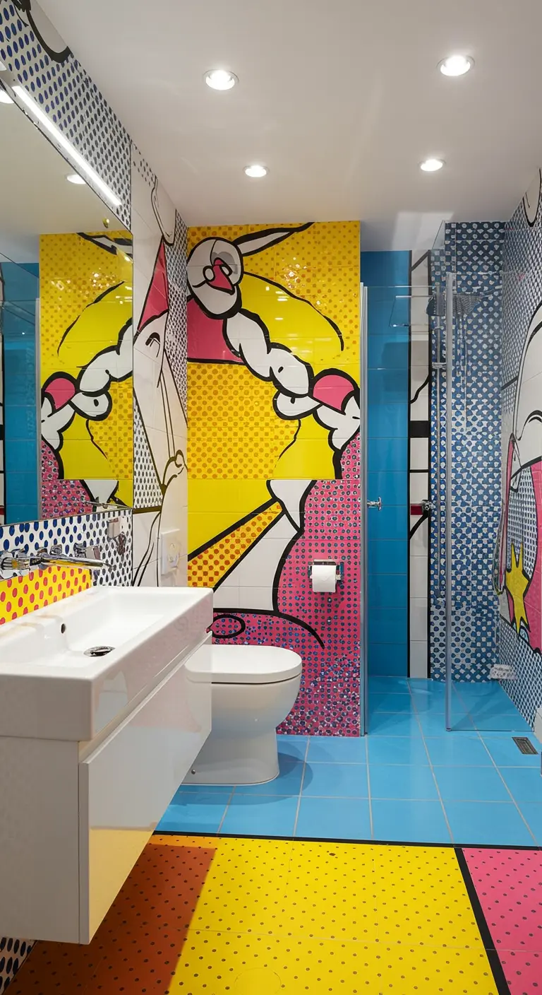 Levendige badkamer met pop-art muurtegels in geel, blauw en roze, en een modern wit wastafelmeubel.