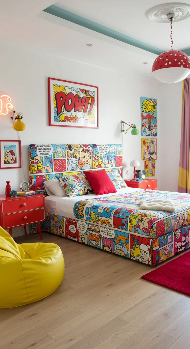 Kleurrijke slaapkamer met pop art comic print hoofdbord, rood en geel meubilair.