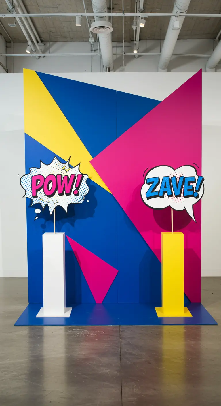 Pop Art photobooth met felle geometrische kleurvlakken, speech bubbles en minimalistische zuilen.