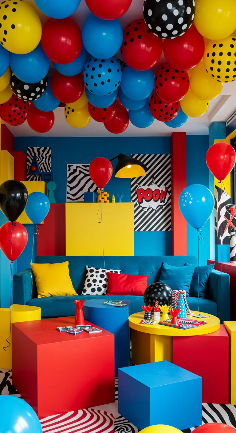 Pop-art kamer met ballonnen in primaire kleuren, grafische prints en felgekleurde meubels.