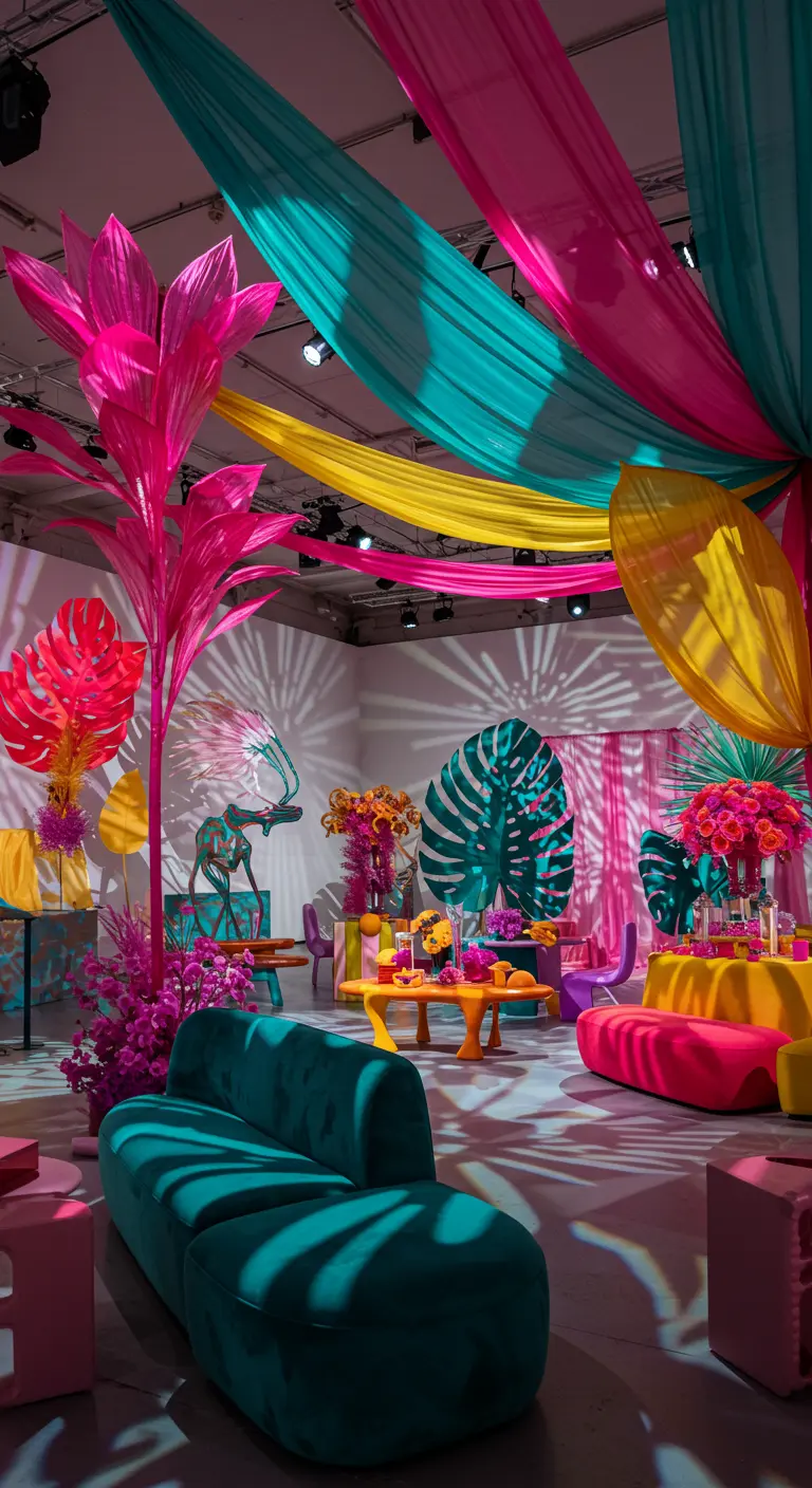 Feestruimte met felgekleurde draperieën, grote gestileerde tropische bladeren en moderne meubels.