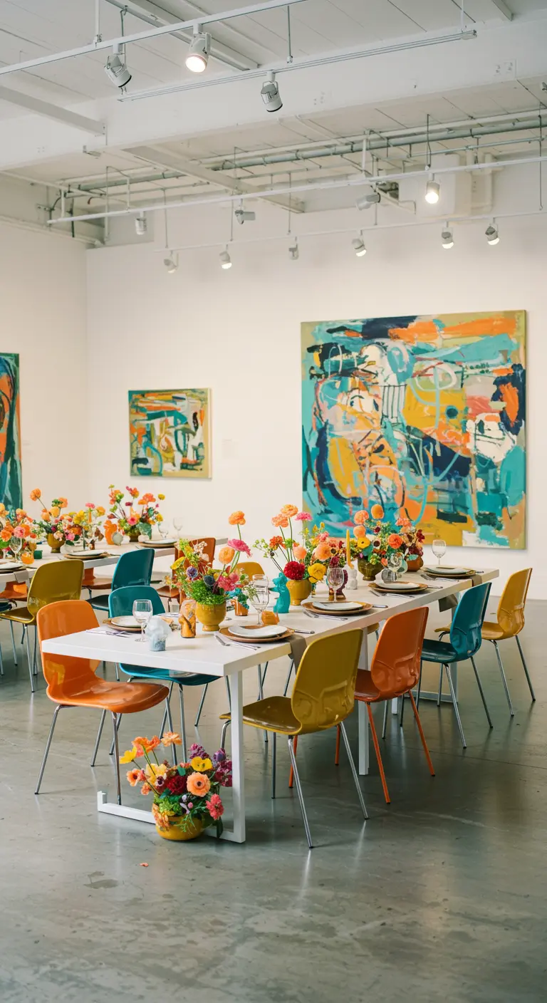 Kleurrijke, moderne bruiloftsreceptie in kunstgalerie met felgekleurde stoelen en bloemen.