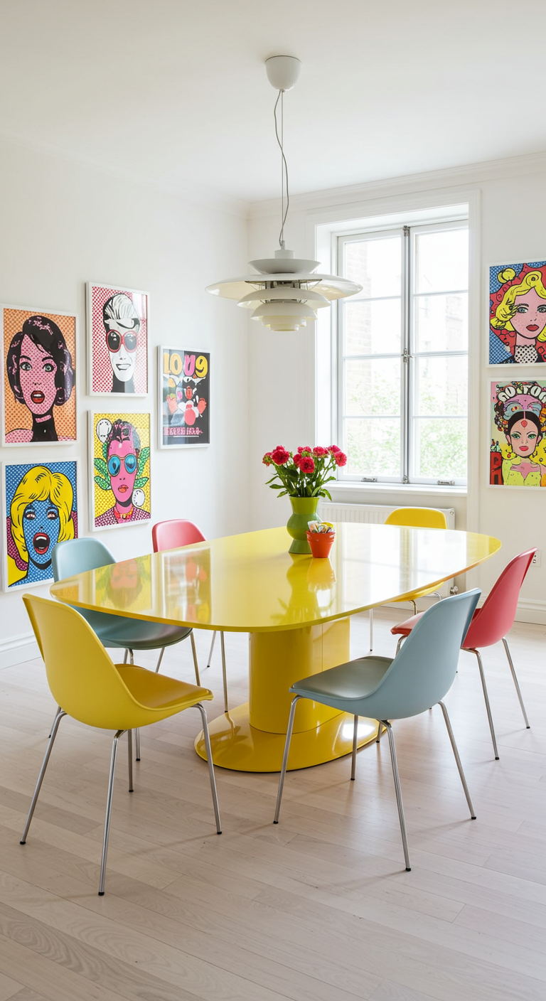 Witte eetkamer met felgele asymmetrische eettafel en kleurrijke stoelen.