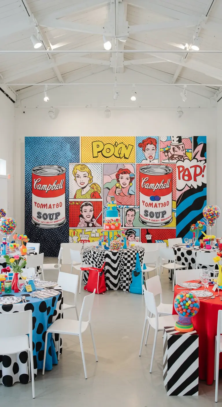 Pop Art thema bruiloftsdecoratie met felle kleuren en grafische achterwand.