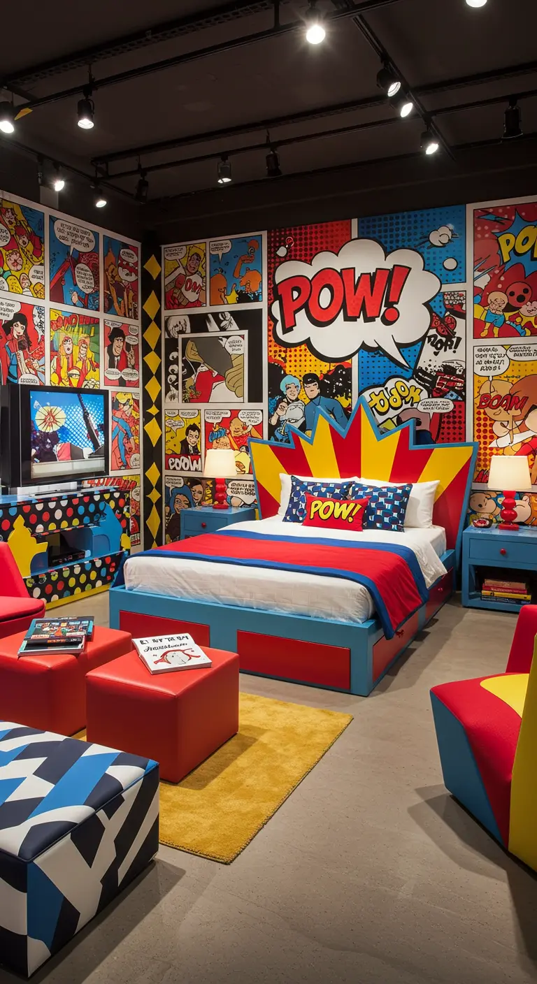 Levendige pop-art slaapkamer met stripboekwanden, geel en rood meubilair.
