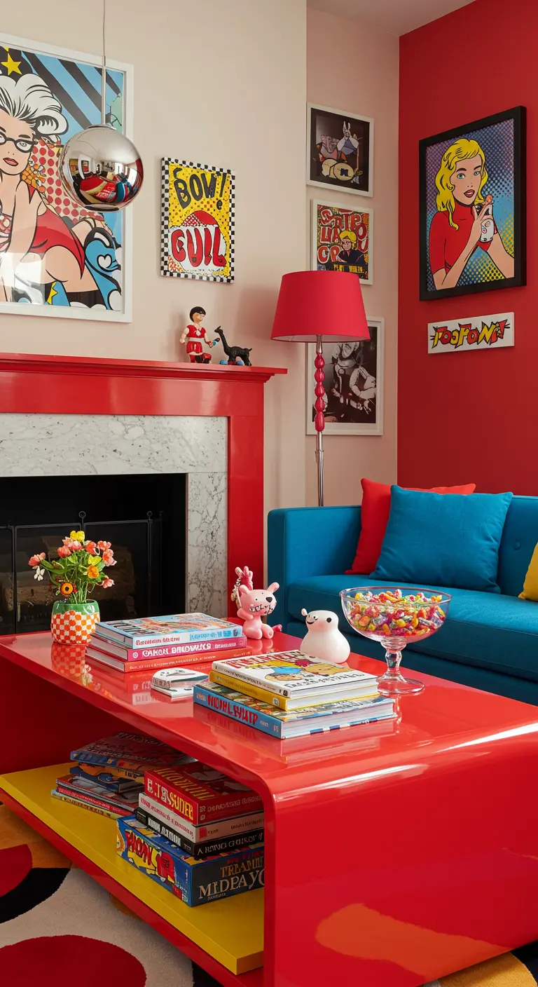 Felrode salontafel met pop art accessoires, stripboeken en kleurrijke beeldjes.