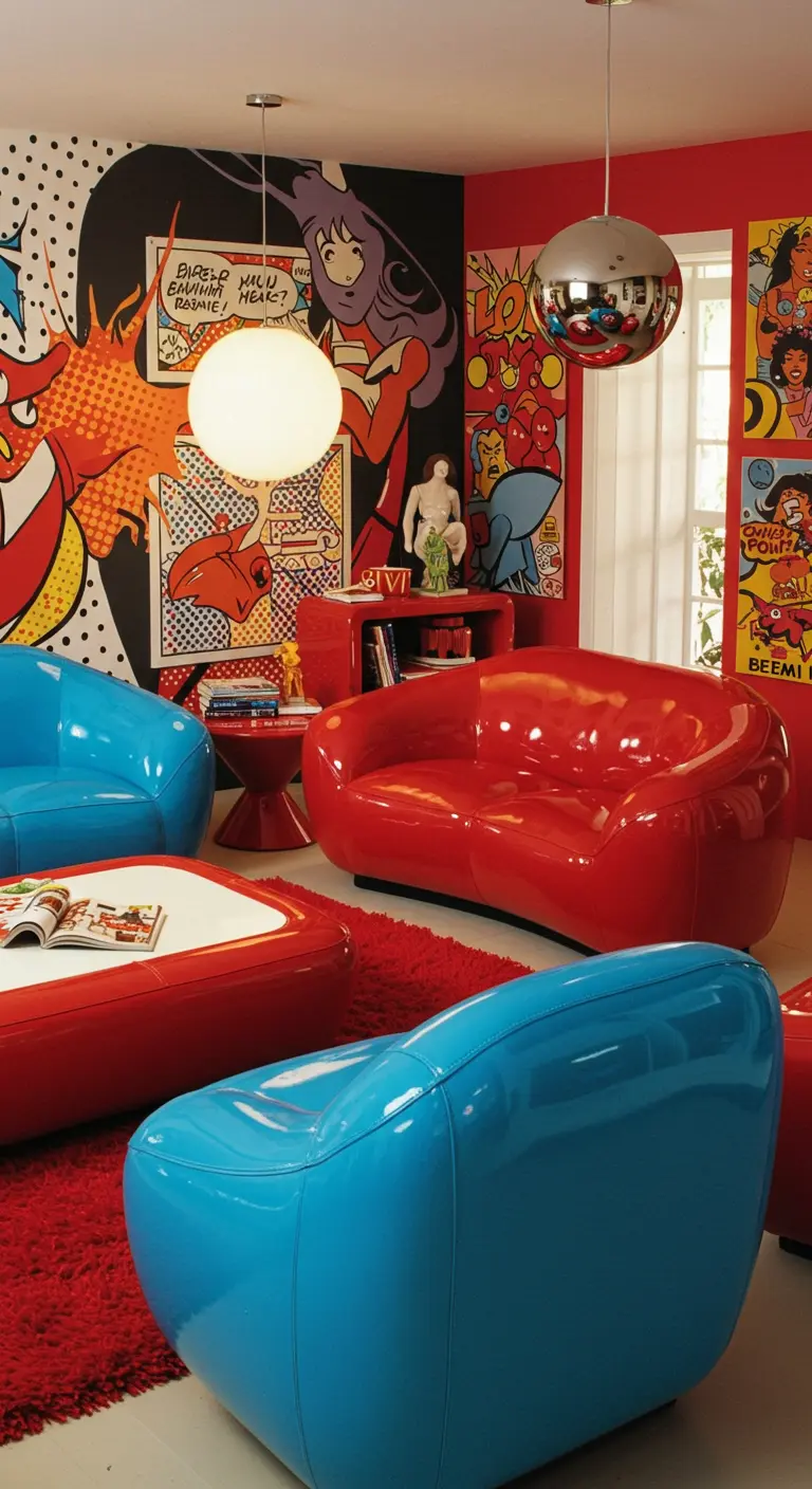 Pop-art interieur, glimmende afgeronde rode en blauwe zitelementen, stripboek muurschildering.