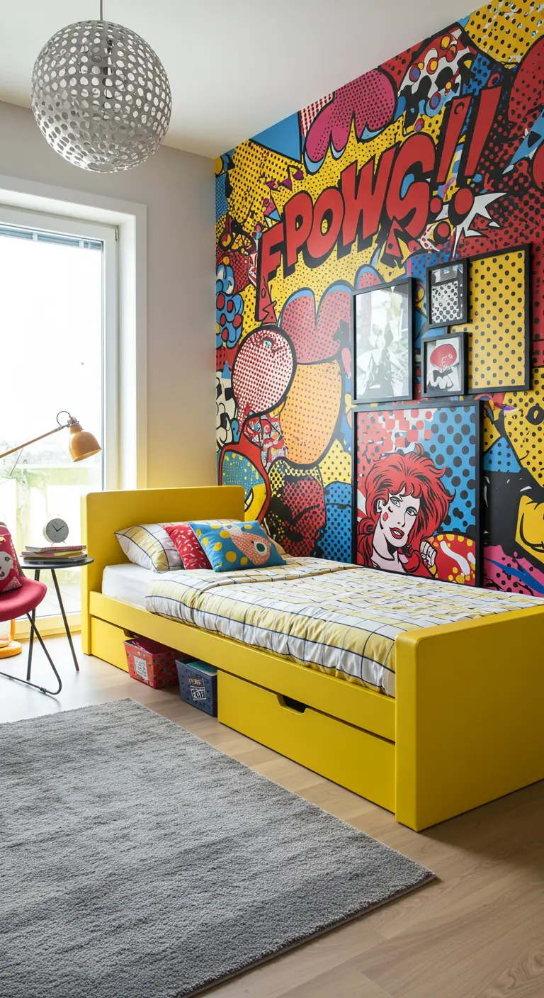 Kleurrijk pop-art stripboek behang achter geel kinderbed.