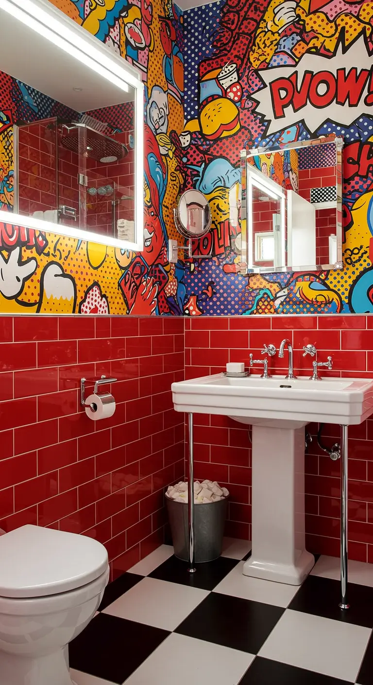 Badkamer met felle pop art muurschildering, rode tegels en zwart-witte vloer.