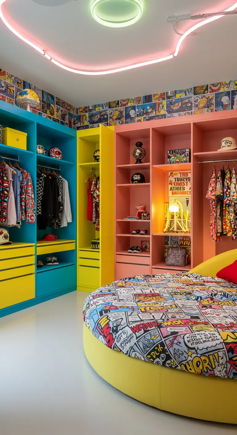 Kleurrijke pop art slaapkamer met open kasten in geel, blauw en roze, en een rond bed.