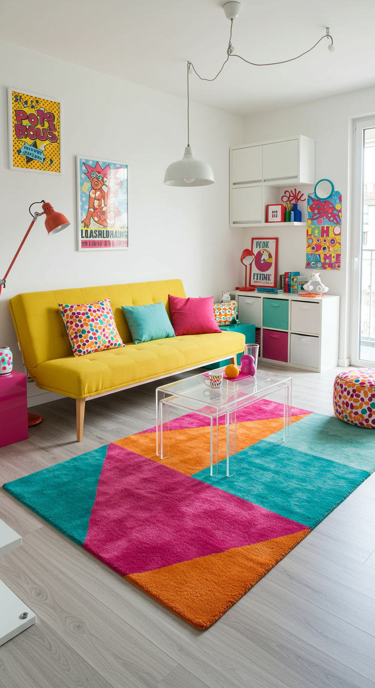 Moderne woonkamer met een felgekleurd Pop Art vloerkleed in geometrische vlakken.