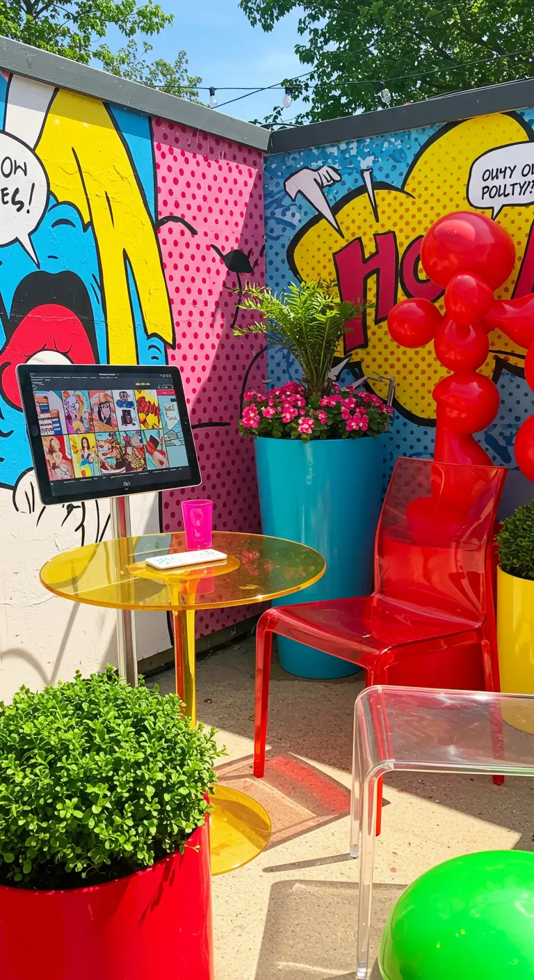 Pop Art buitenhoek met felgekleurde muren, rode plastic stoel, gele tafel en stripboekdetails.