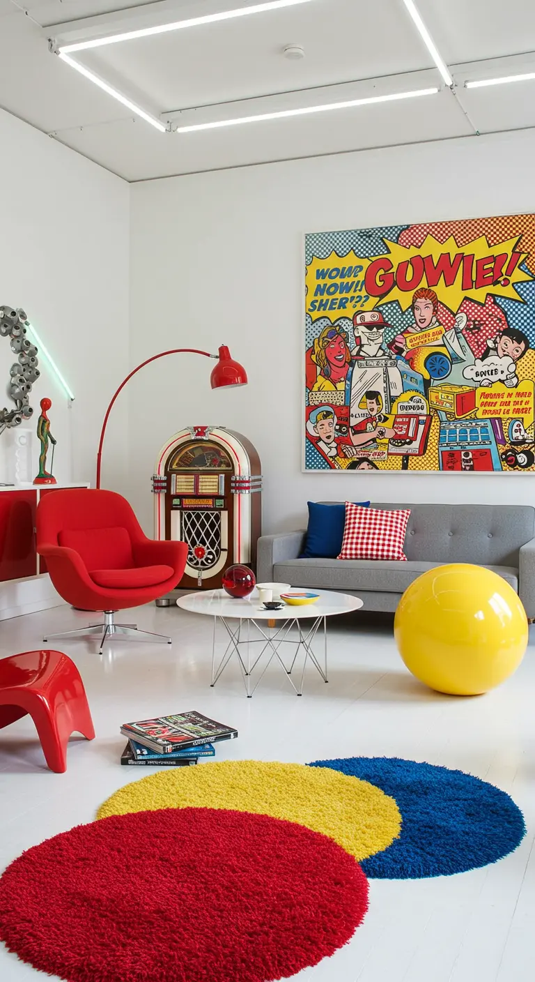 Pop Art woonkamer met felle kleuren, jukebox, groot stripkunstwerk en ronde tapijten.