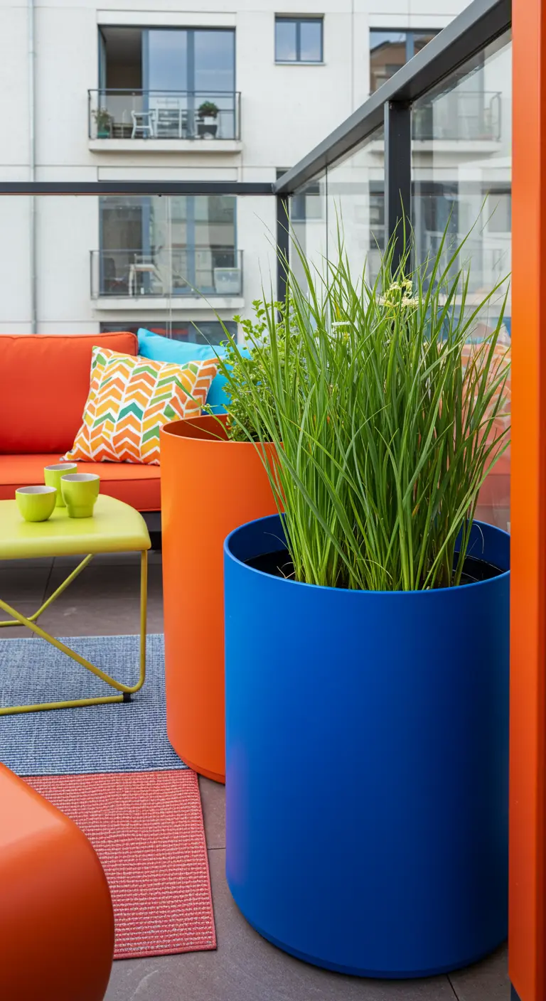 Felgekleurde blauwe en oranje plantenpotten met waterplanten op een balkon met kleurrijk meubilair.