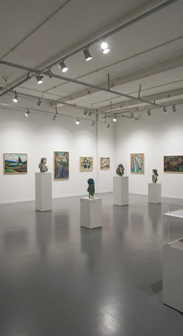 Witte kunstgalerij in garage met schilderijen op muren en sokkels.