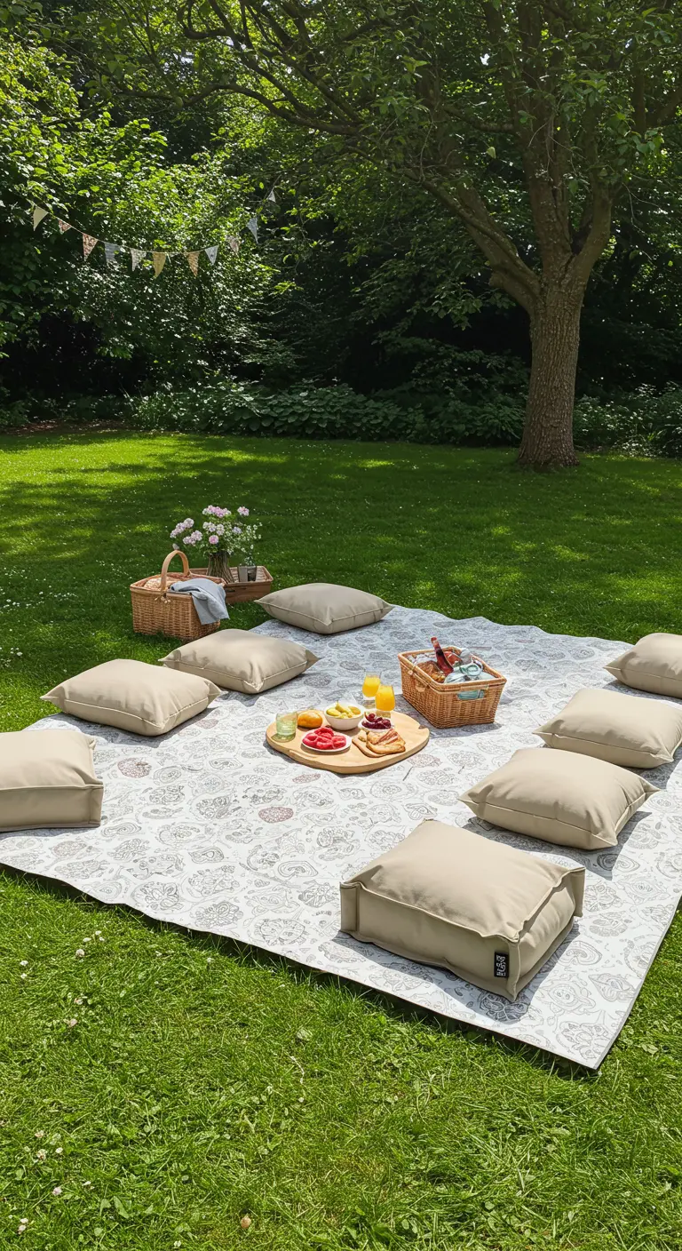 Groot picknickkleed met beige kussens en picknickmanden in een groene tuin.