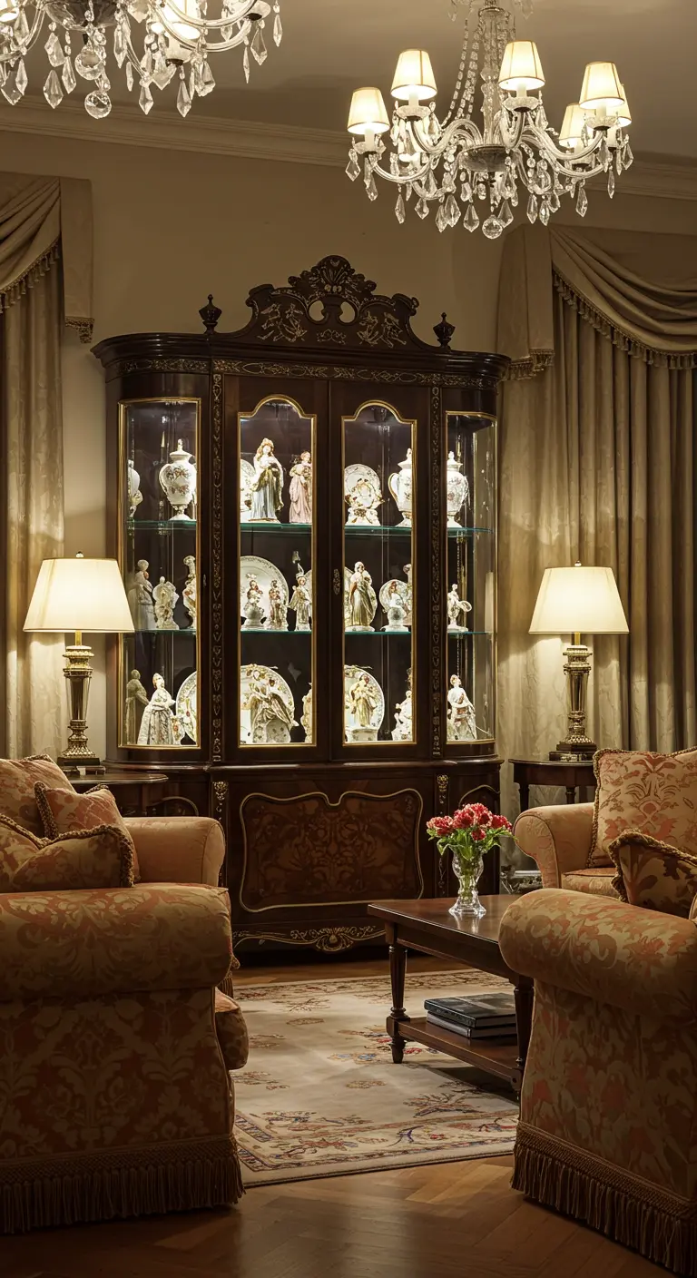 Klassieke woonkamer met een donkerhouten vitrinekast vol verlicht porselein.