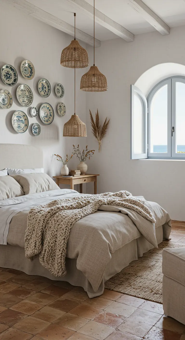 Witte slaapkamer met decoratieve borden aan de muur, rieten lampen en gebreid plaid.
