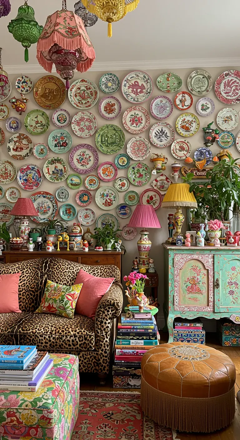 Kleurrijke, eclectische woonkamer met een muur vol diverse decoratieve borden.