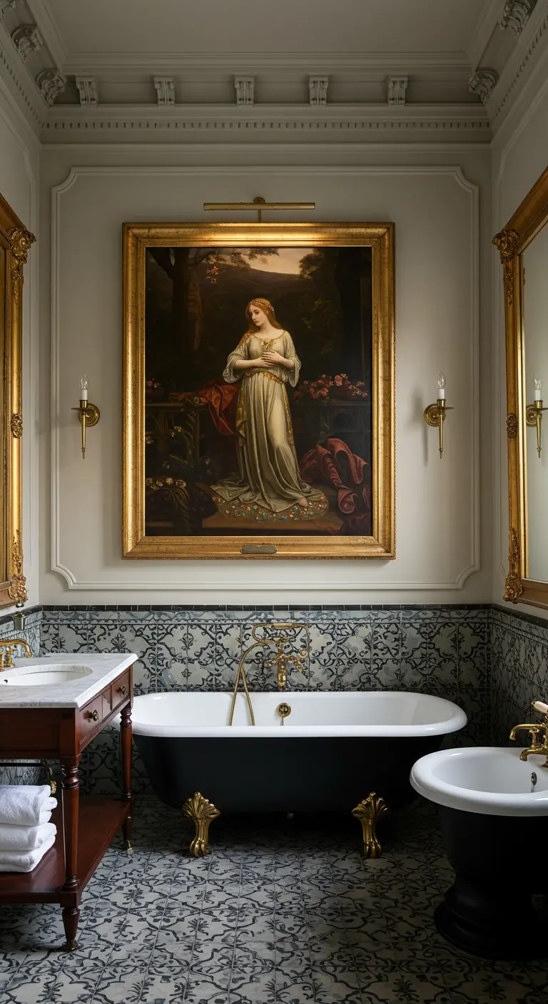 Elegante badkamer met klassiek portretschilderij boven een zwart bad, met patroontegels.