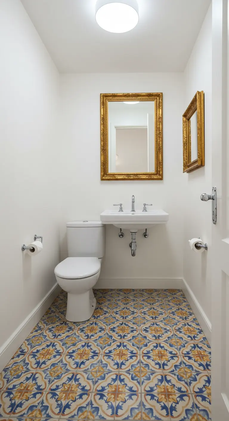 Toiletruimte met kleurrijke Portugese stijl cementtegels op de vloer.