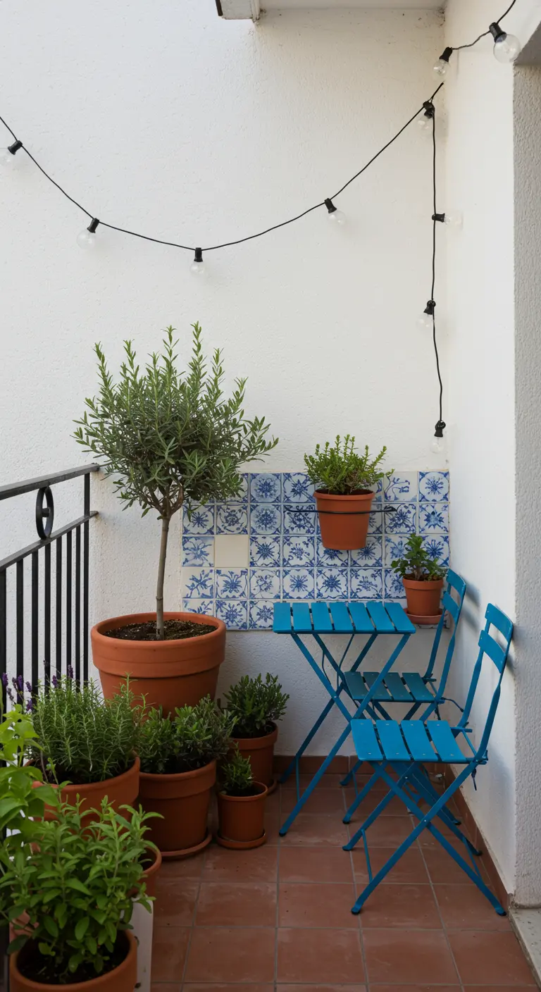 Balkon met blauw-witte tegeltjes, blauw bistrosetje, olijfboom en lichtsnoer.