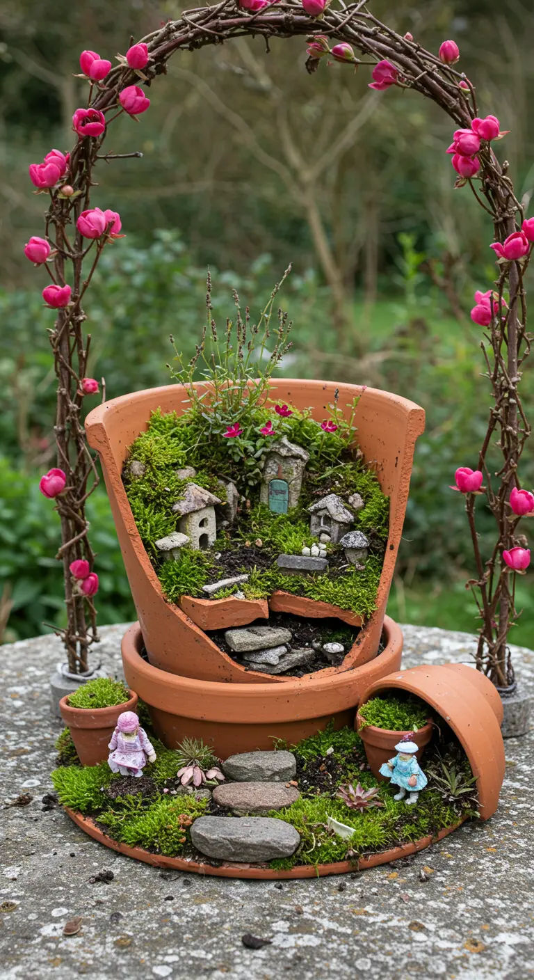 Gebroken terracotta potten artistiek hergebruikt als een miniatuur elfentuin met mos en kleine plantjes.