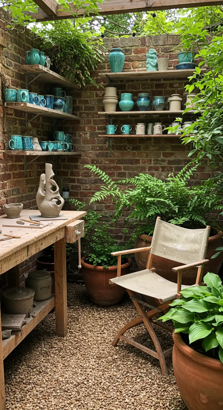 Buitenatelier voor pottenbakken met bakstenen muur, houten werktafel en planken vol keramiek.