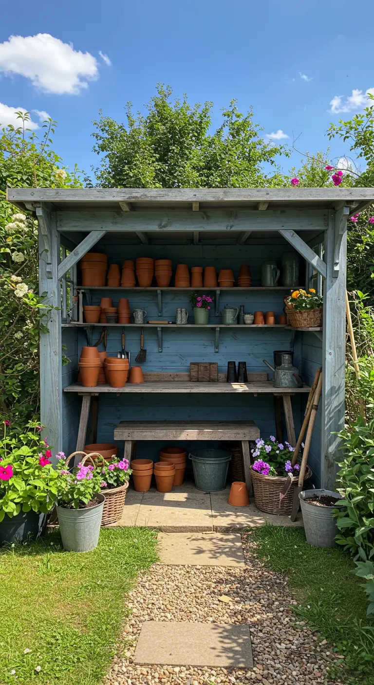 Blauwgrijs geverfd houten tuinhuisje/afdak met planken vol terracotta potten en tuingereedschap.