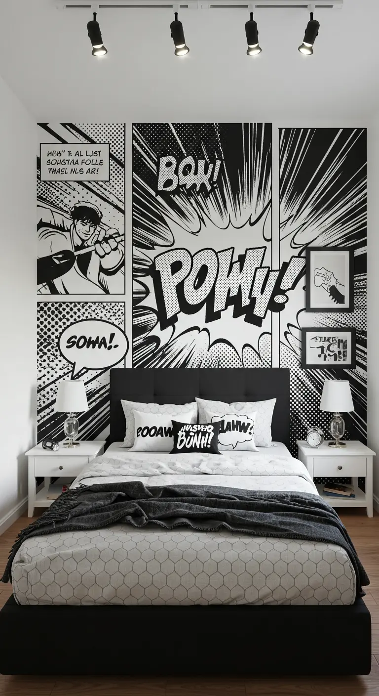 Slaapkamer met grote zwart-wit stripboek muurschildering achter het bed.