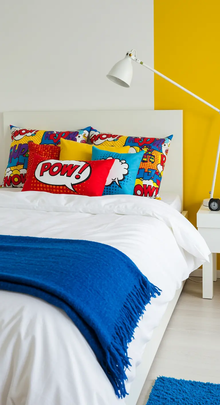 Wit bed met kleurrijke pop-art kussens en een blauwe sprei, tegen een deels gele muur.