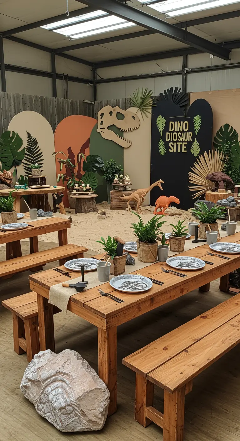 Dinosaurus thema kinderverjaardag met zand en planten.
