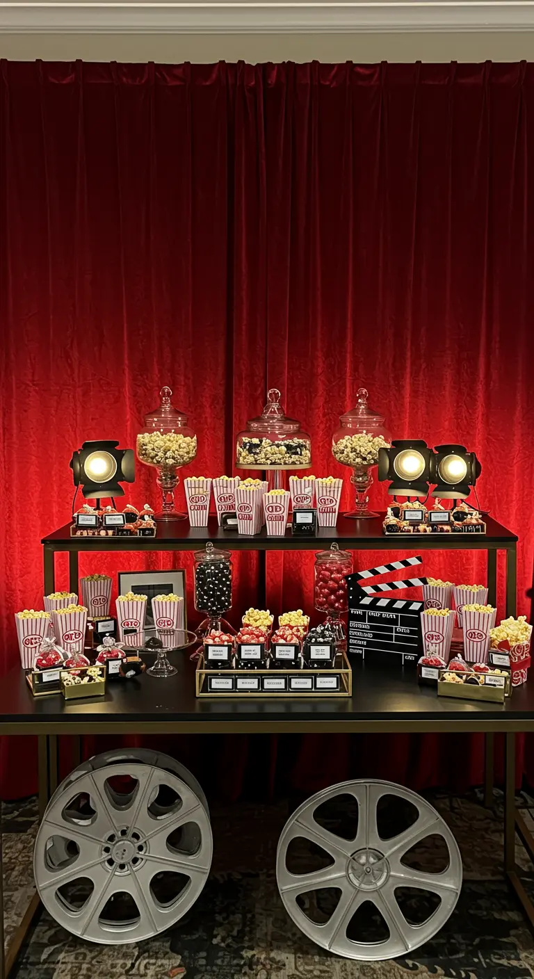 Filmthema candy bar met popcorn, filmrollen, rode gordijnen en spotlights.