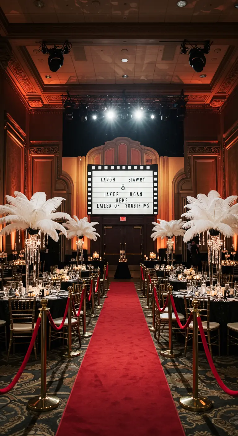 Bruiloftsreceptie met rode loper, marquee lichtbord en struisvogelveren decoratie.