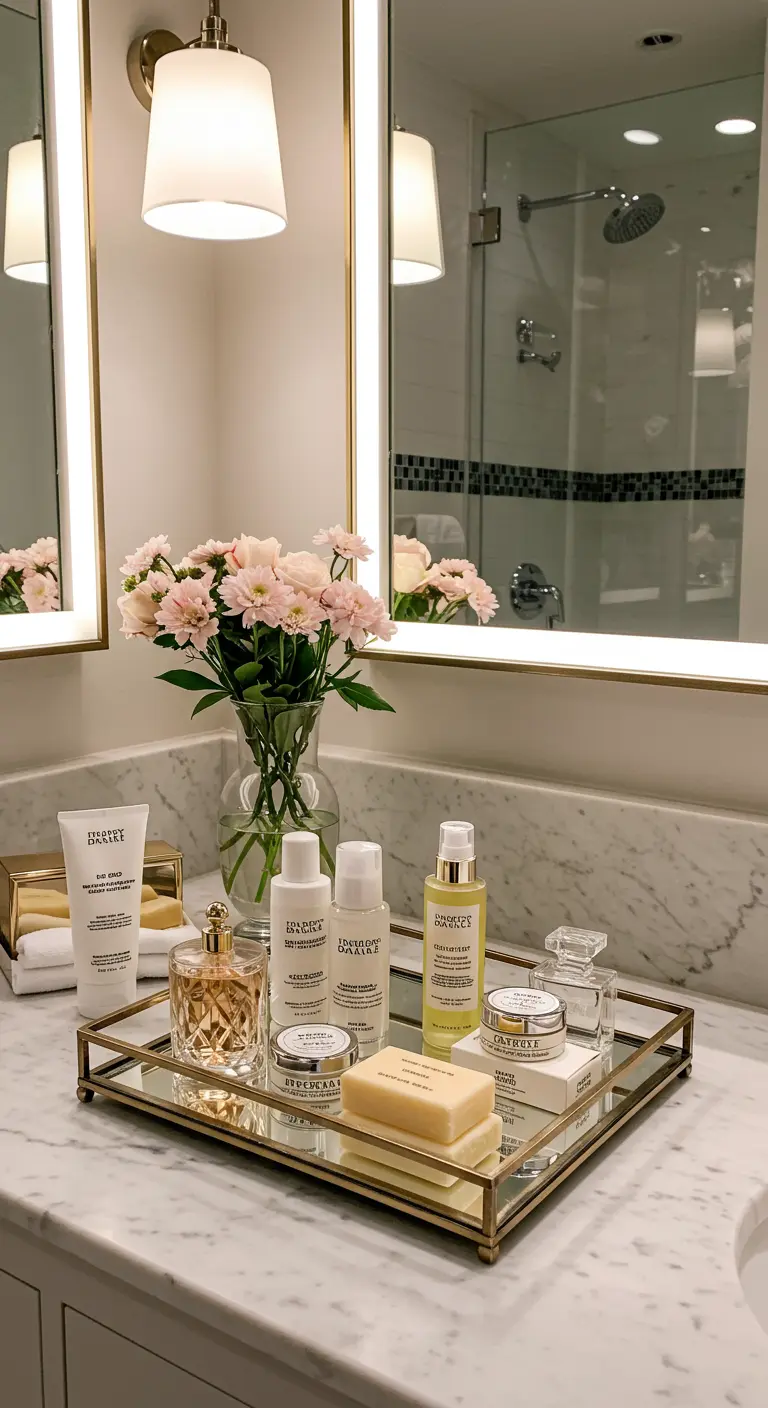 Dienblad met luxe toiletartikelen, parfum en bloemen op marmeren wastafelblad.