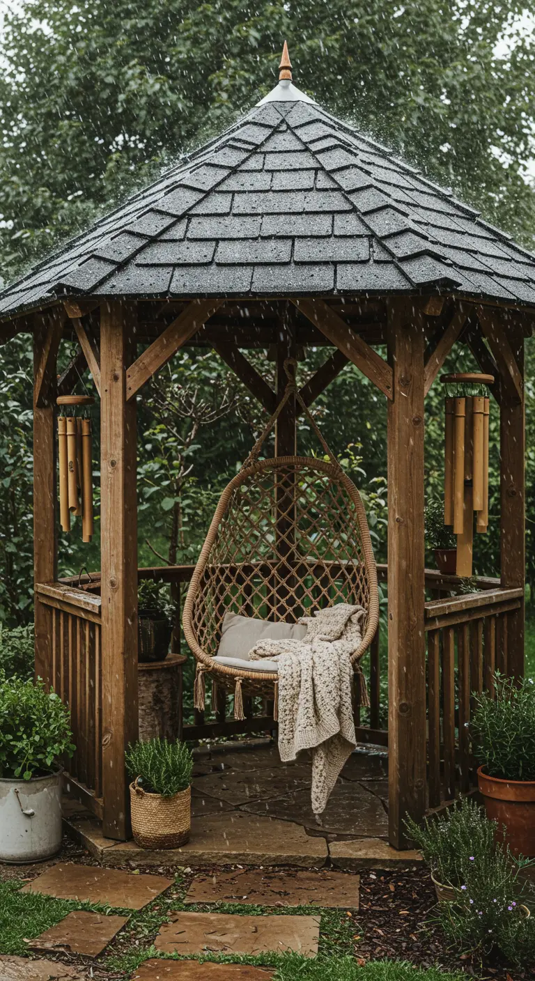 Rotan hangstoel met plaid in een houten prieel, omringd door planten en windgongen.