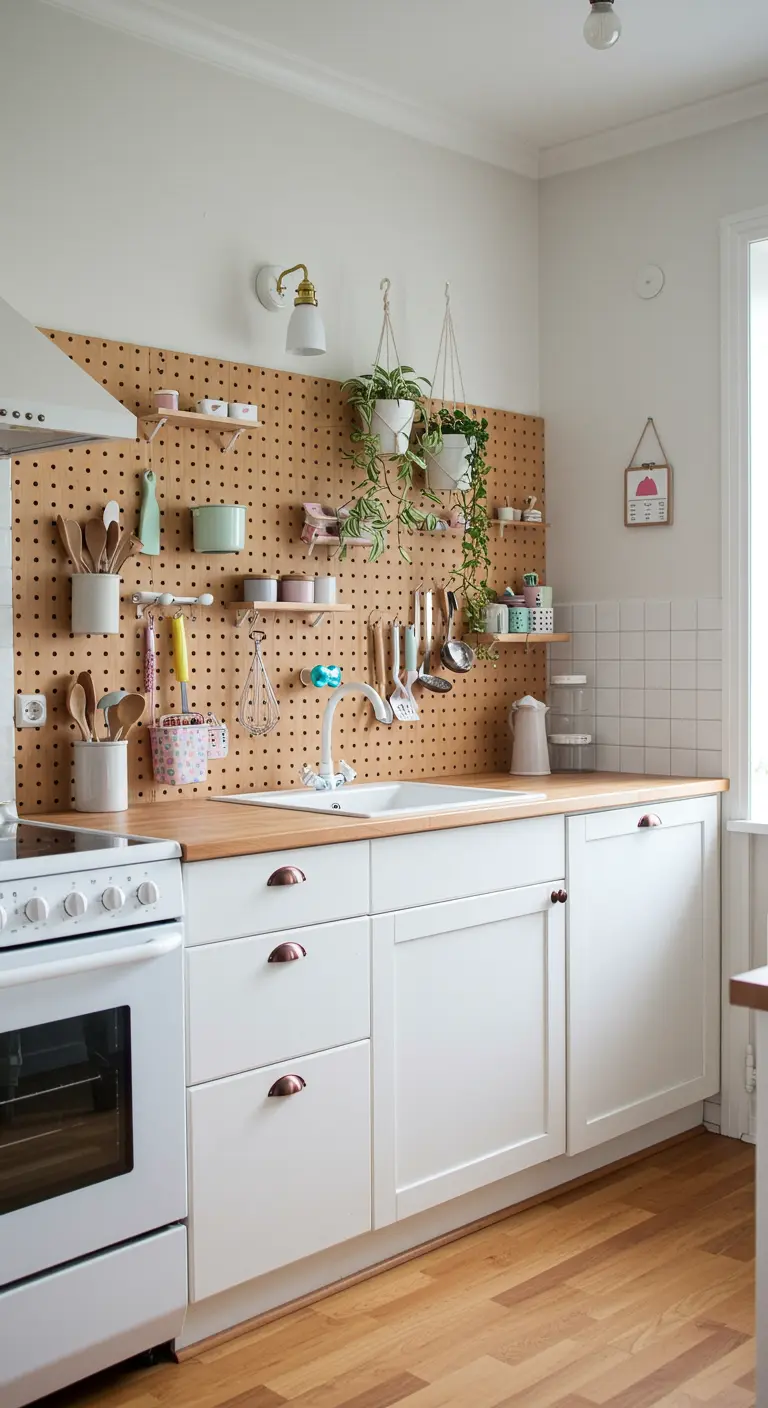 Keuken met een groot houten pegboard als achterwand, vol keukengerei en plantjes.